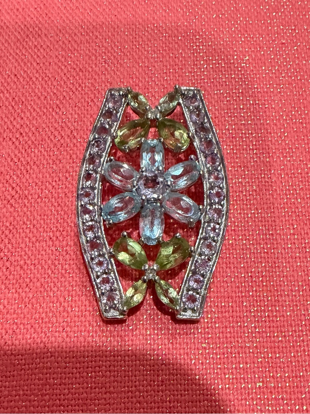 Floral Natural Semi-precious Stones Sterling Silver Pendant, Light Blue & Green